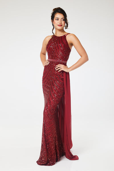 Wine Halterneck Sequin Maxi Dress with Detachable Skirt
