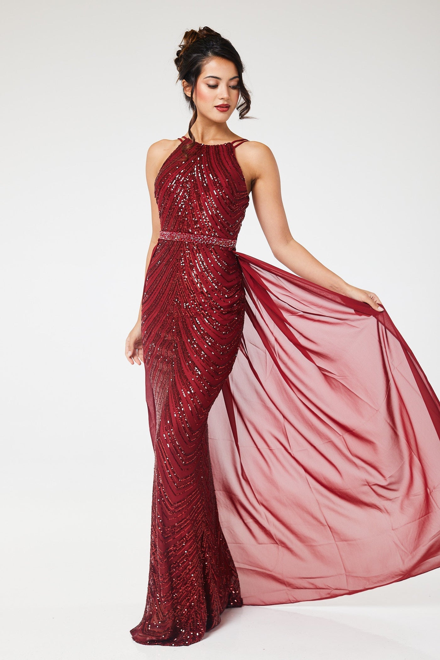 Wine Halterneck Sequin Maxi Dress with Detachable Skirt