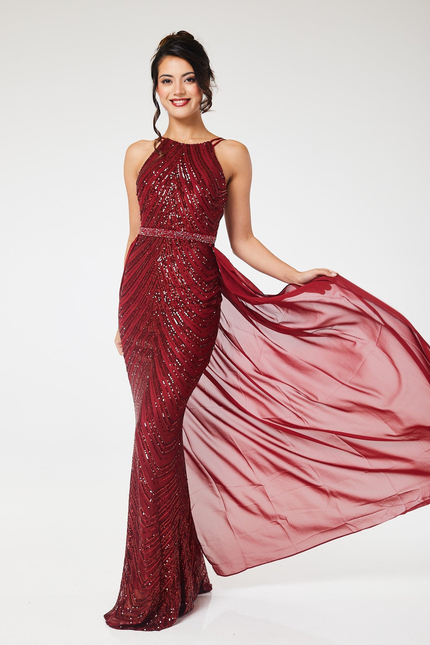 Wine Halterneck Sequin Maxi Dress with Detachable Skirt