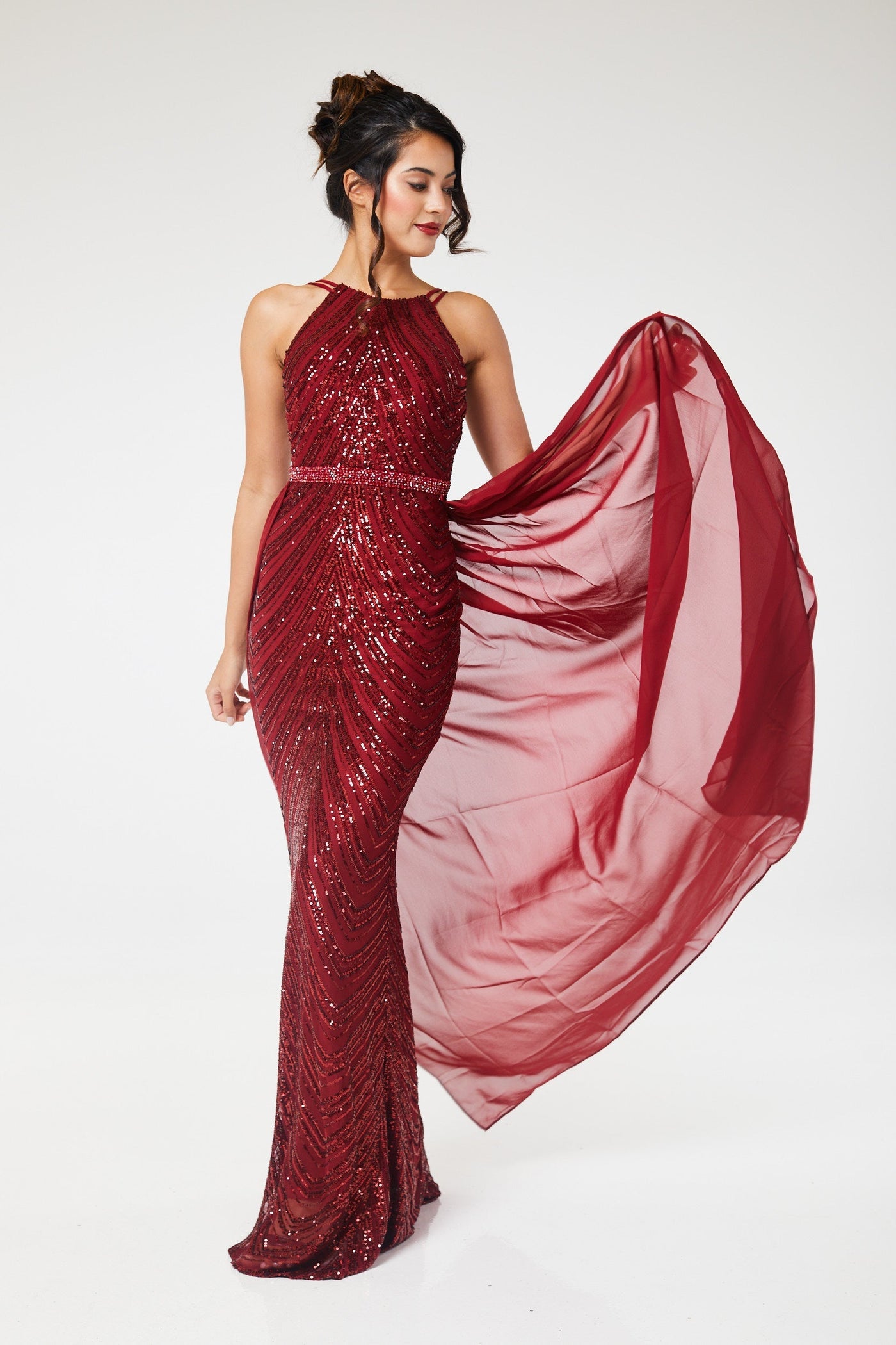 Wine Halterneck Sequin Maxi Dress with Detachable Skirt