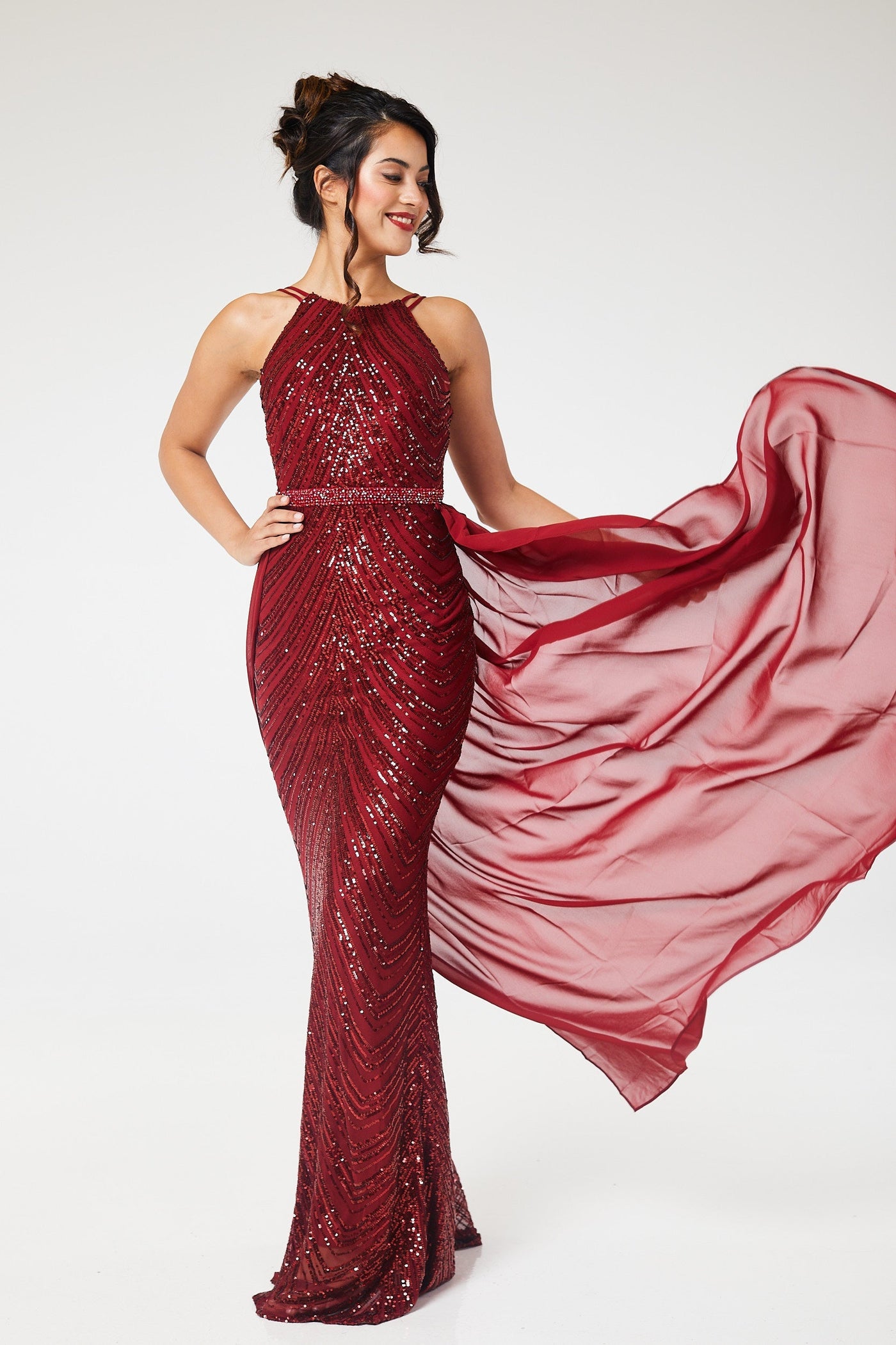 Wine Halterneck Sequin Maxi Dress with Detachable Skirt