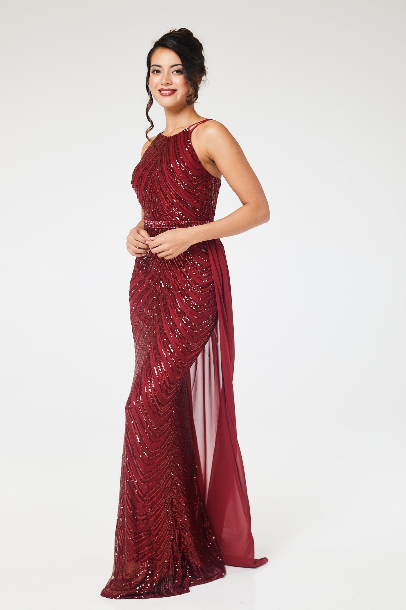 Wine Halterneck Sequin Maxi Dress with Detachable Skirt