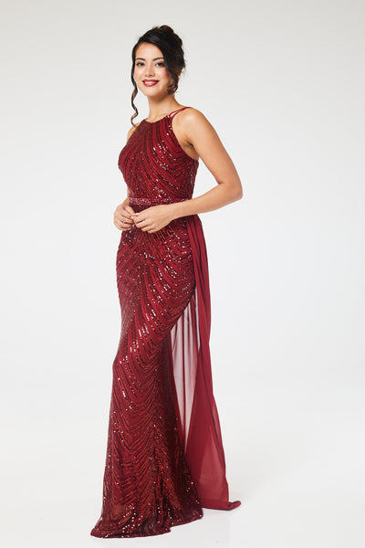 Wine Halterneck Sequin Maxi Dress with Detachable Skirt