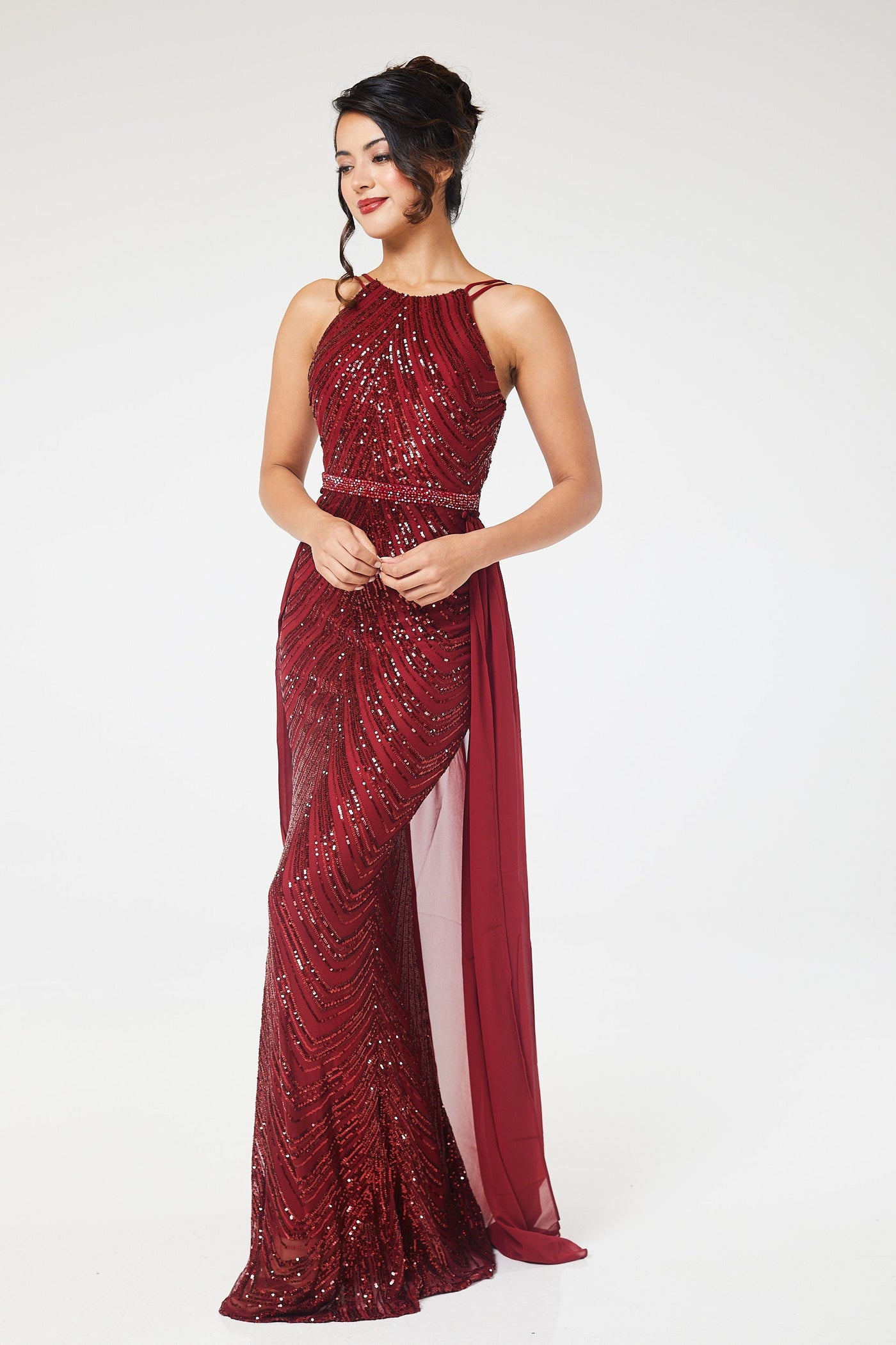 Wine Halterneck Sequin Maxi Dress with Detachable Skirt