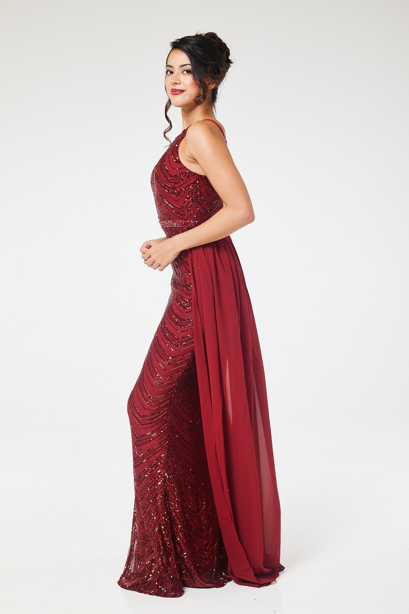 Wine Halterneck Sequin Maxi Dress with Detachable Skirt