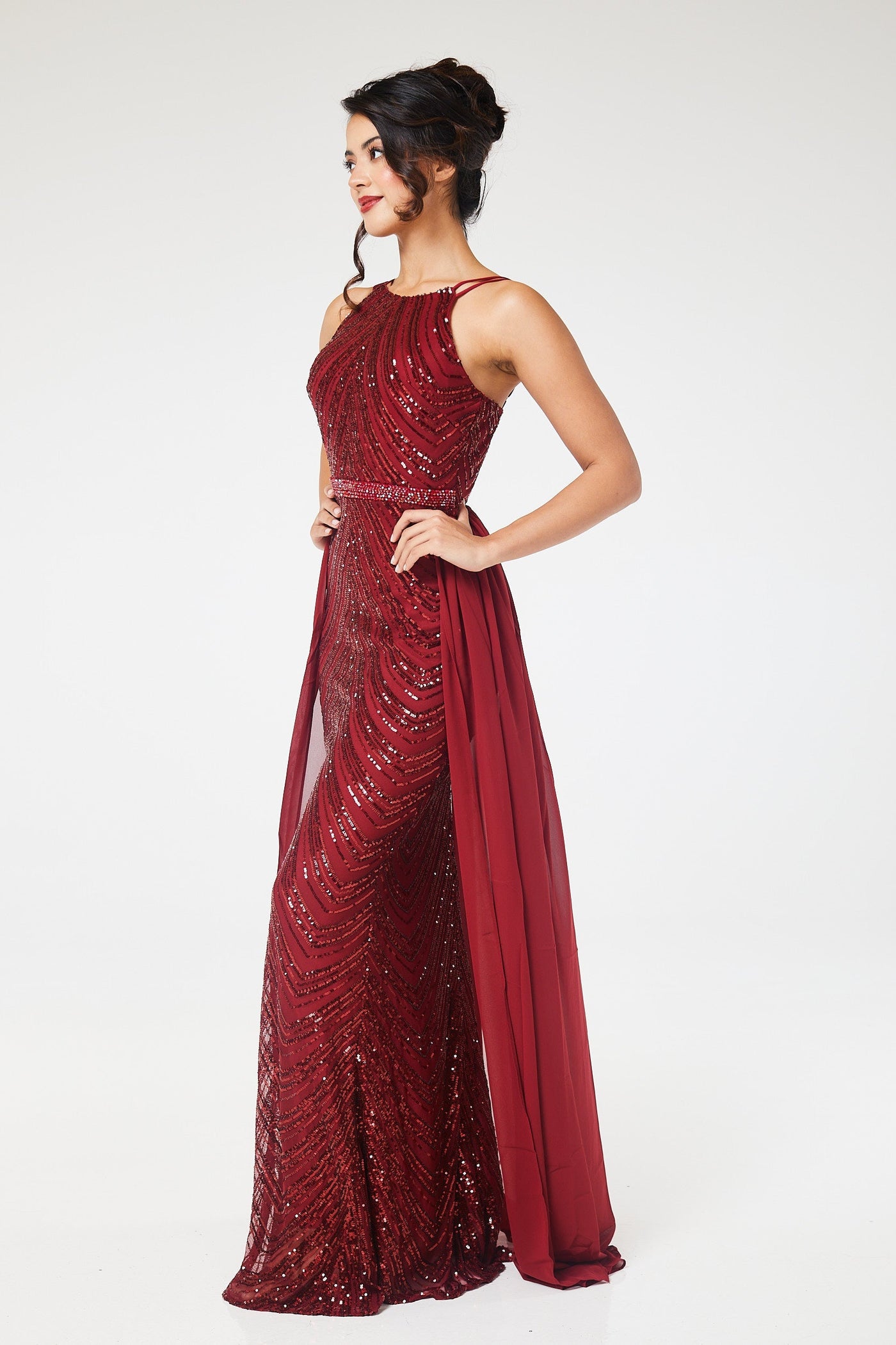 Wine Halterneck Sequin Maxi Dress with Detachable Skirt