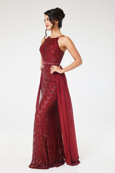 Wine Halterneck Sequin Maxi Dress with Detachable Skirt