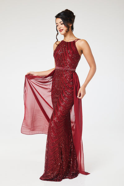 Wine Halterneck Sequin Maxi Dress with Detachable Skirt