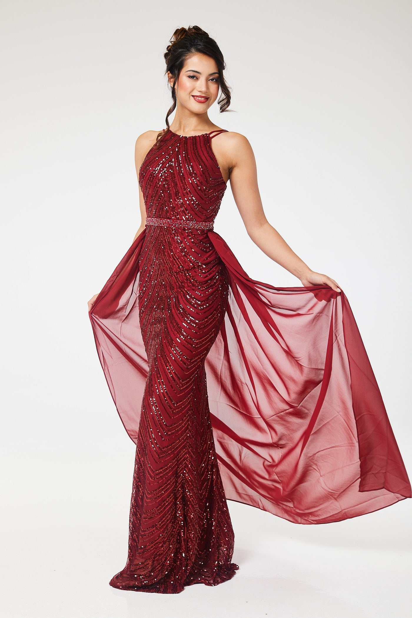 Wine Halterneck Sequin Maxi Dress with Detachable Skirt