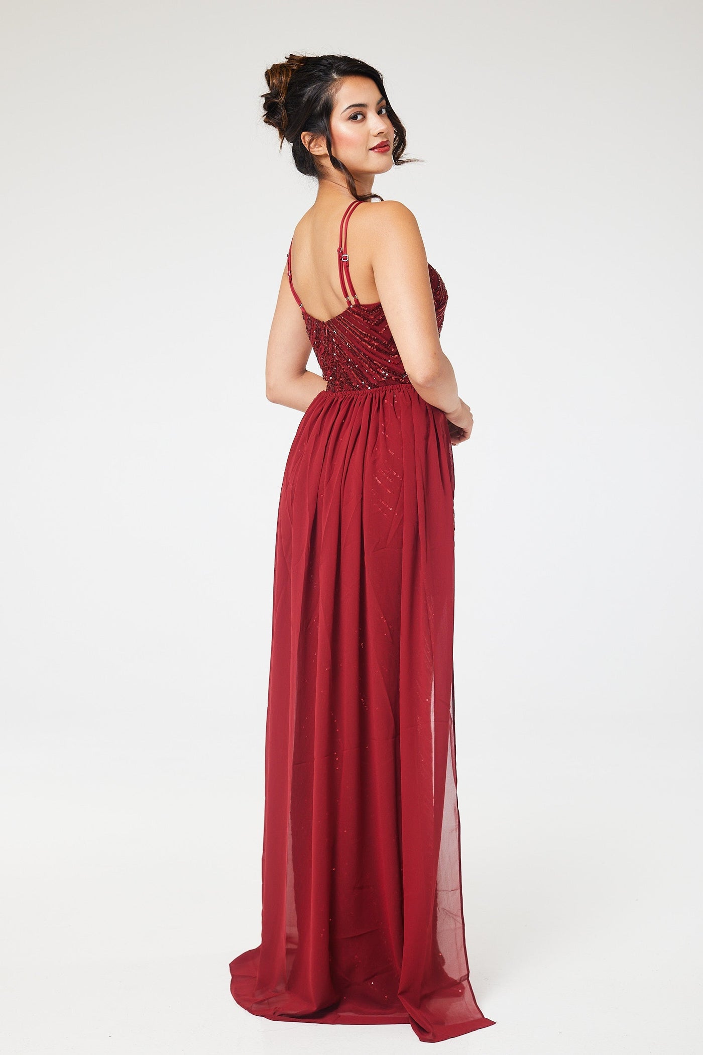 Wine Halterneck Sequin Maxi Dress with Detachable Skirt