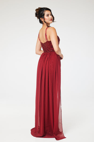 Wine Halterneck Sequin Maxi Dress with Detachable Skirt