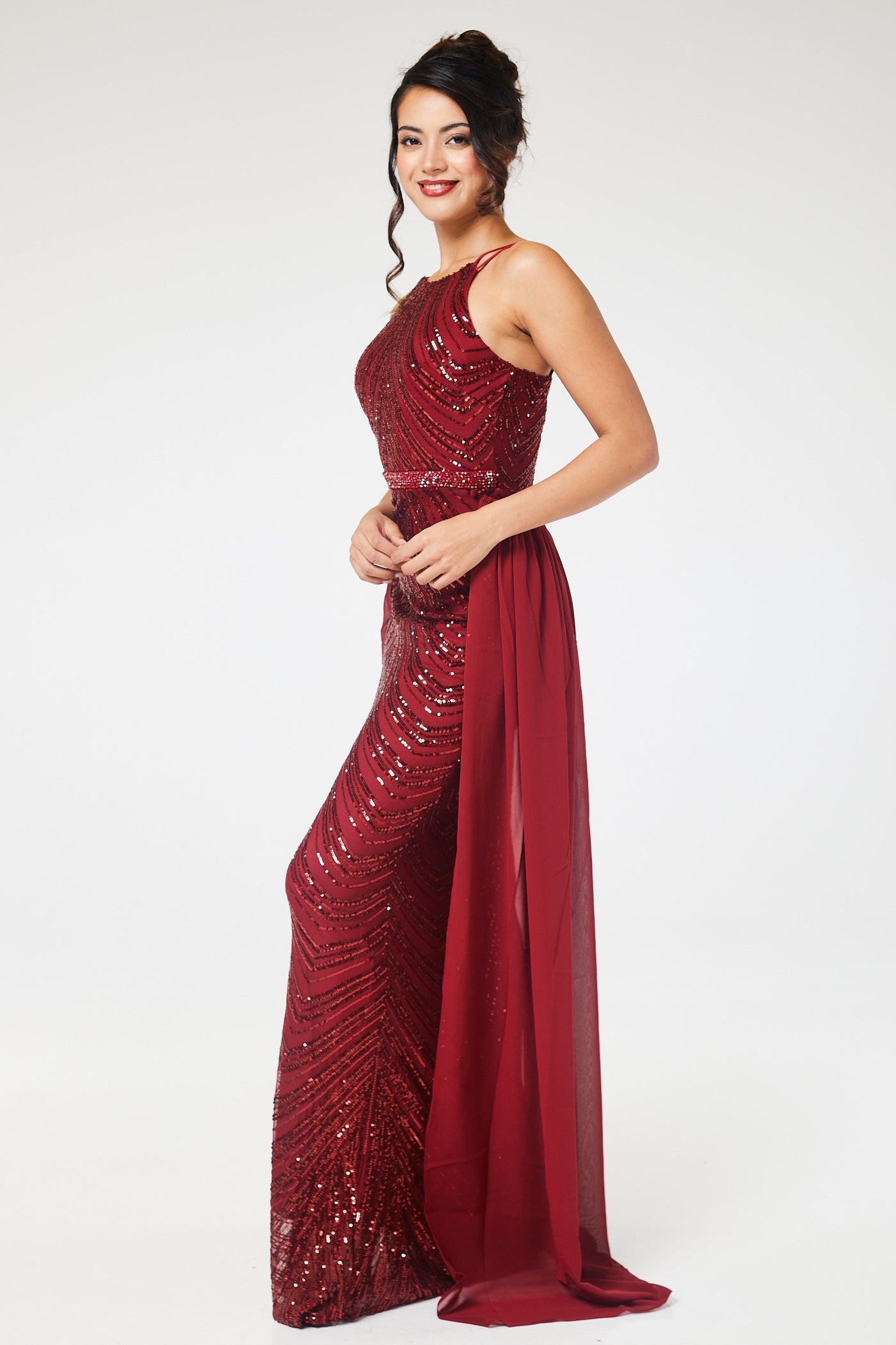 Wine Halterneck Sequin Maxi Dress with Detachable Skirt