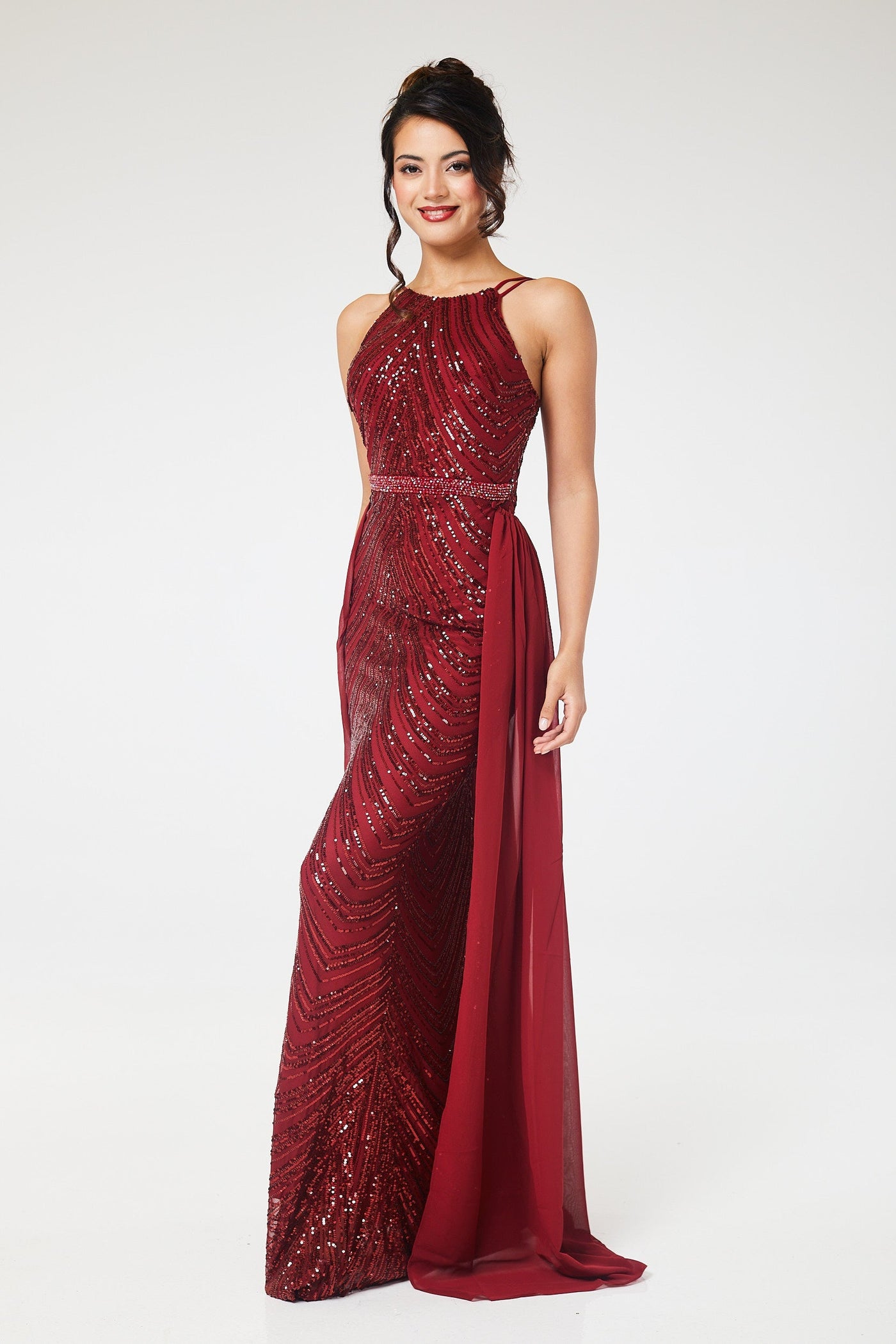 Wine Halterneck Sequin Maxi Dress with Detachable Skirt