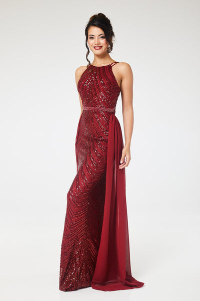 Wine Halterneck Sequin Maxi Dress with Detachable Skirt