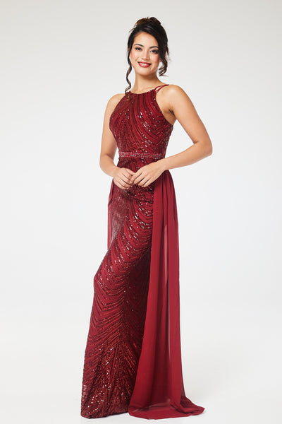 Wine Halterneck Sequin Maxi Dress with Detachable Skirt