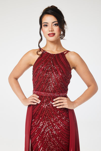 Wine Halterneck Sequin Maxi Dress with Detachable Skirt