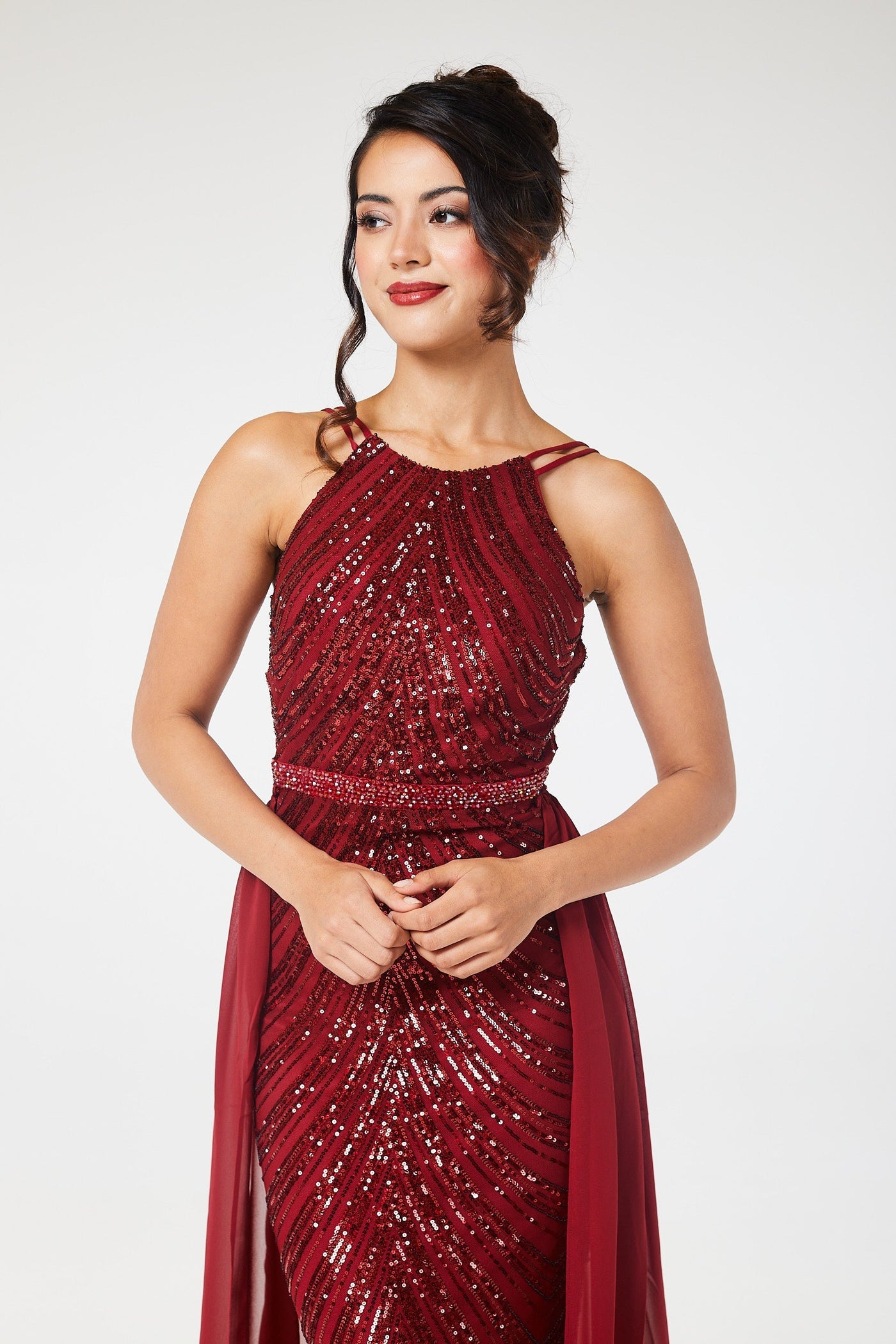 Wine Halterneck Sequin Maxi Dress with Detachable Skirt