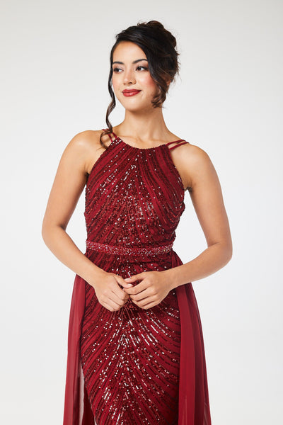 Wine Halterneck Sequin Maxi Dress with Detachable Skirt