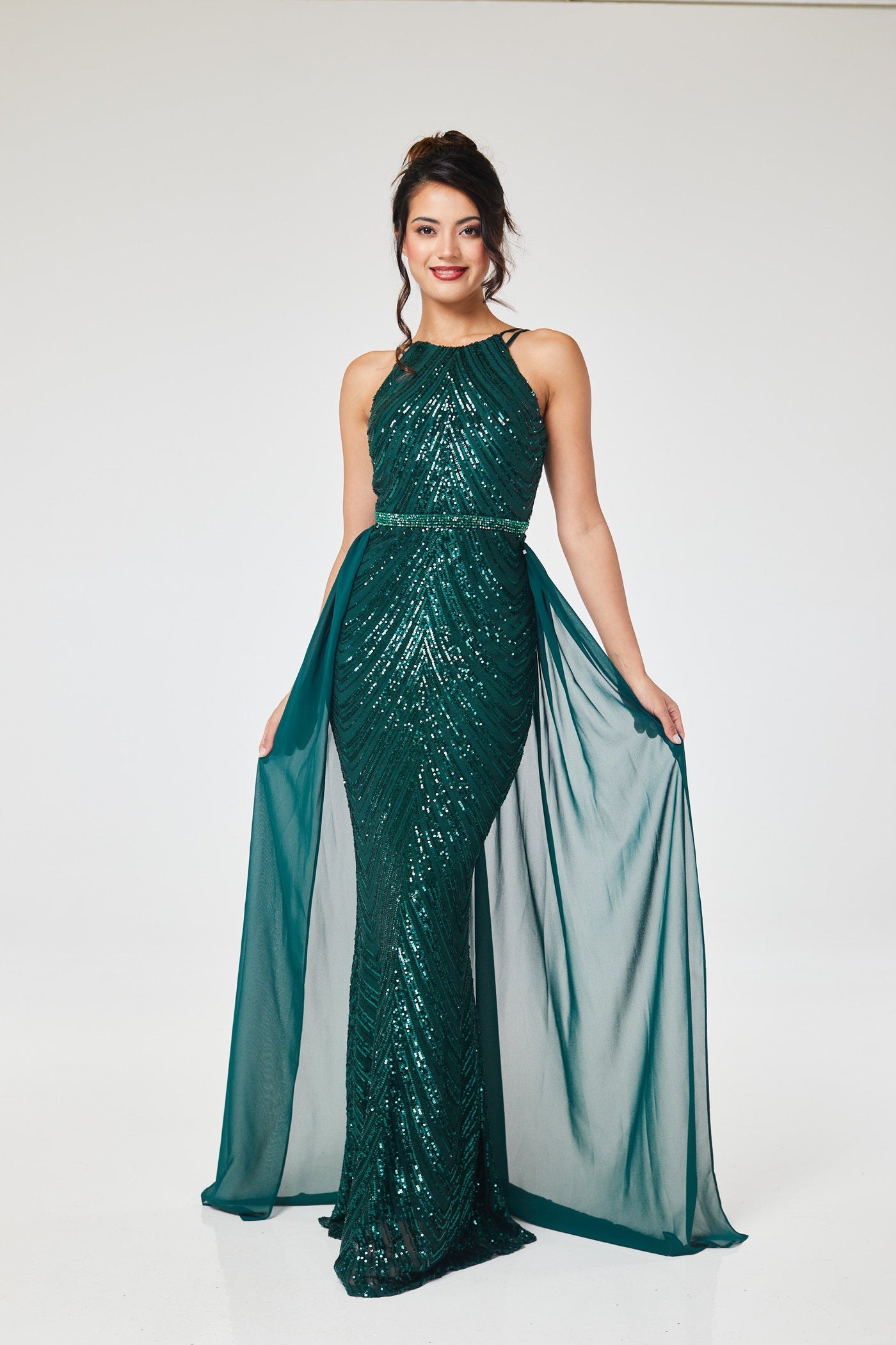 Green Halterneck Sequin Maxi Dress with Detachable Skirt