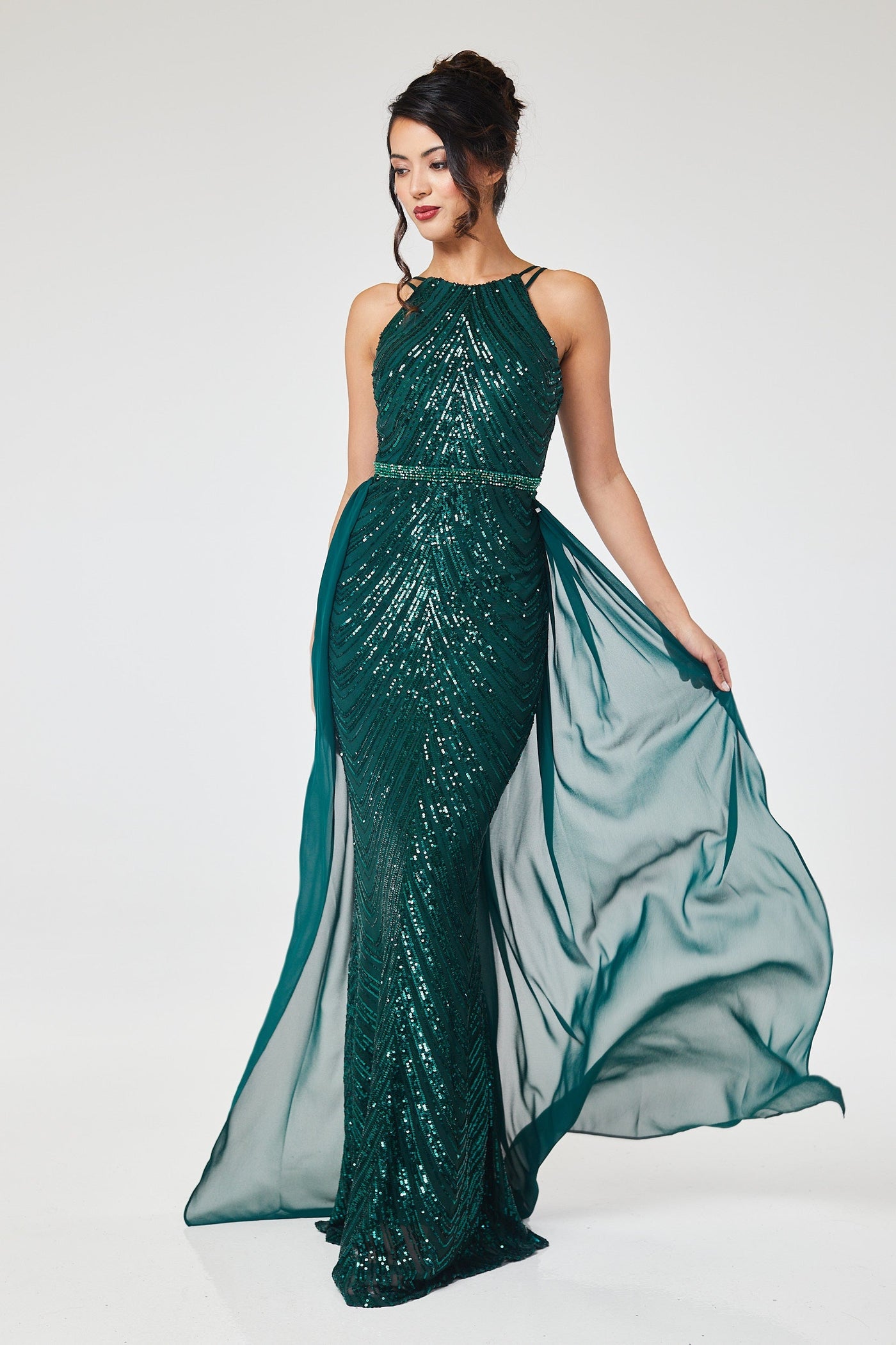 Green Halterneck Sequin Maxi Dress with Detachable Skirt