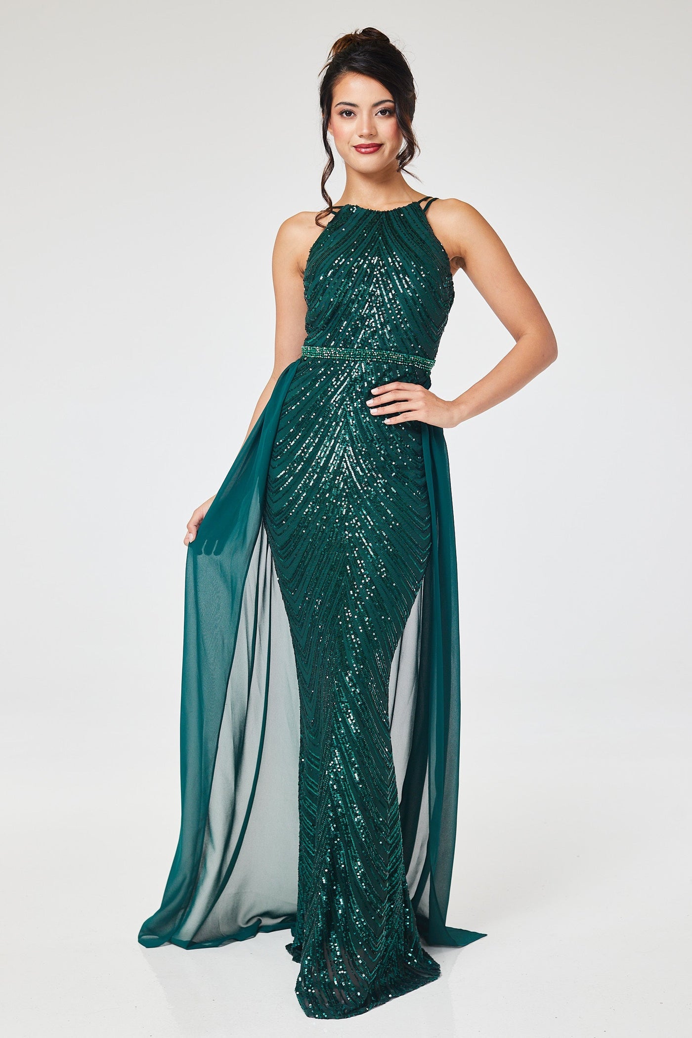 Green Halterneck Sequin Maxi Dress with Detachable Skirt