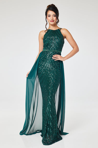 Green Halterneck Sequin Maxi Dress with Detachable Skirt