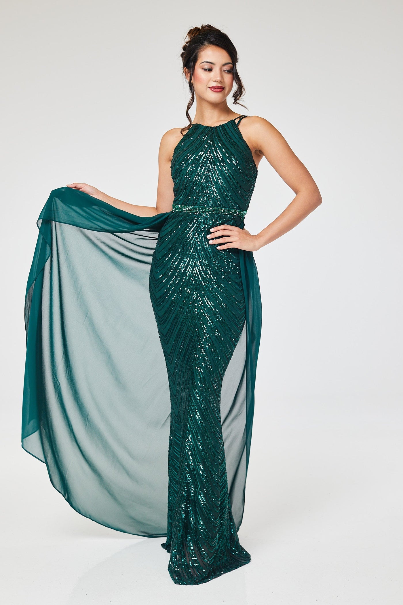 Green Halterneck Sequin Maxi Dress with Detachable Skirt