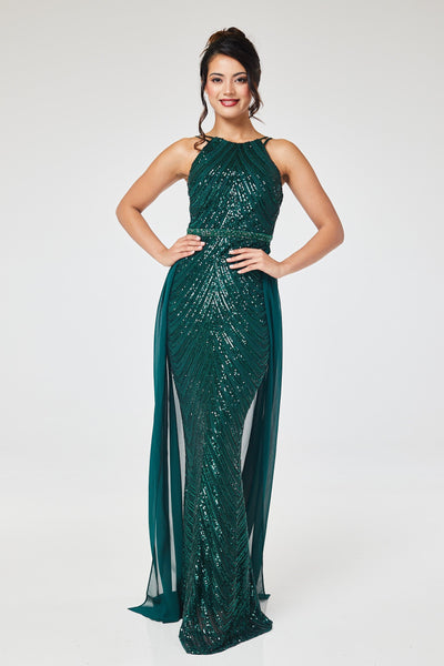 Green Halterneck Sequin Maxi Dress with Detachable Skirt