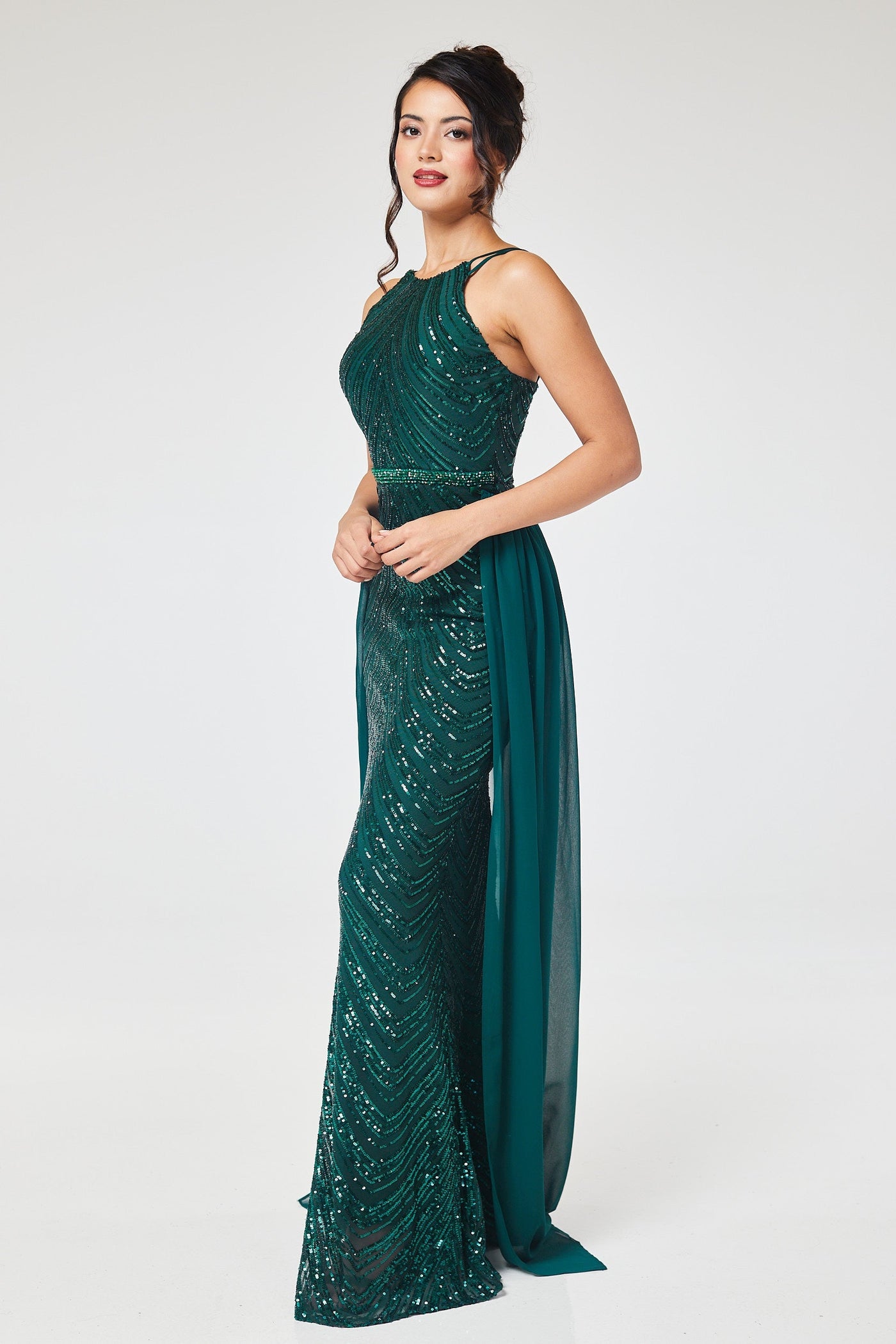 Green Halterneck Sequin Maxi Dress with Detachable Skirt