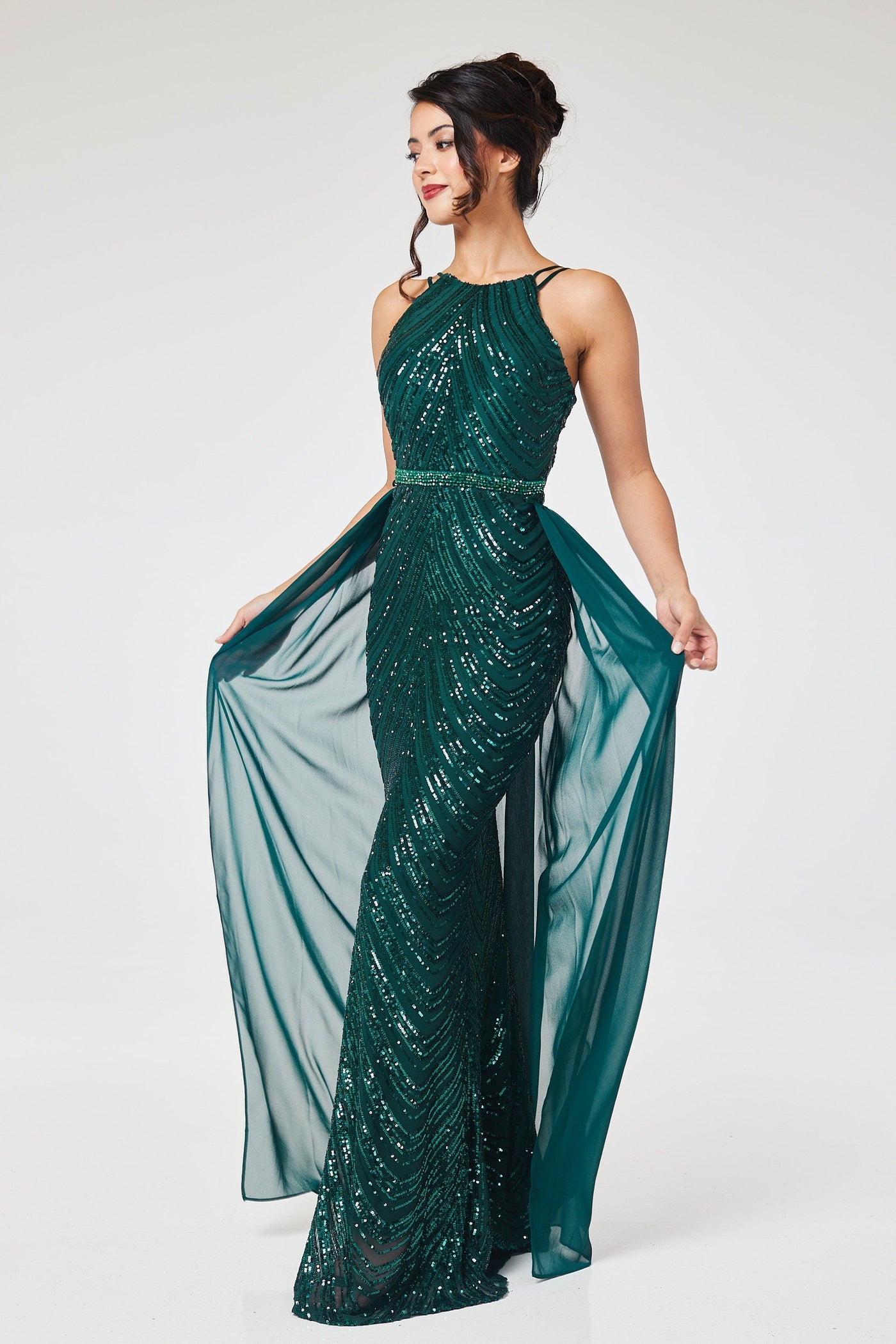 Green Halterneck Sequin Maxi Dress with Detachable Skirt