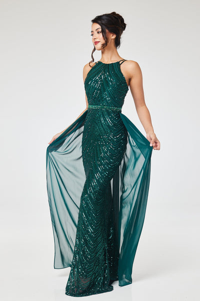 Green Halterneck Sequin Maxi Dress with Detachable Skirt