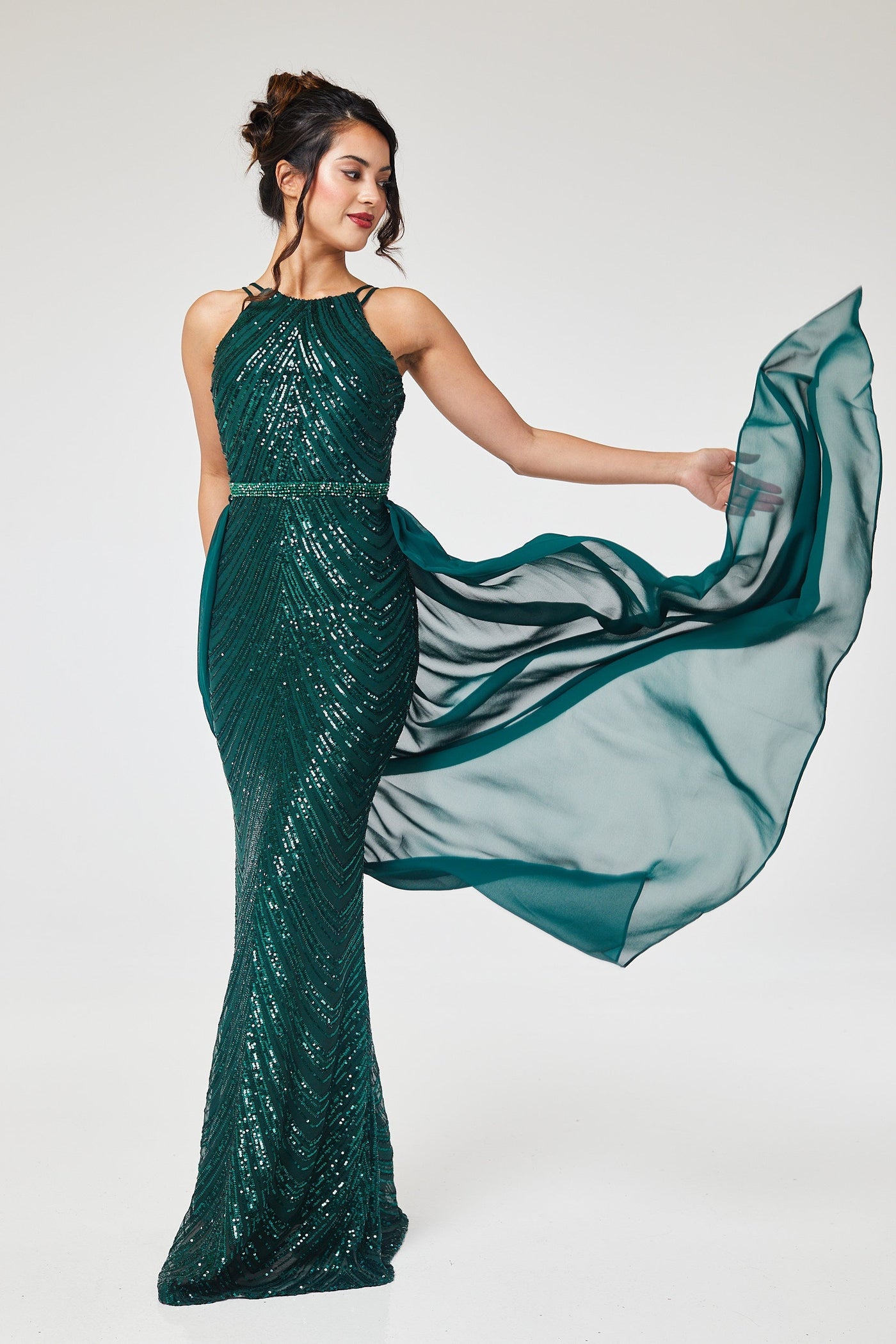 Green Halterneck Sequin Maxi Dress with Detachable Skirt