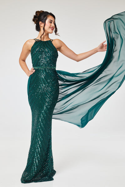 Green Halterneck Sequin Maxi Dress with Detachable Skirt