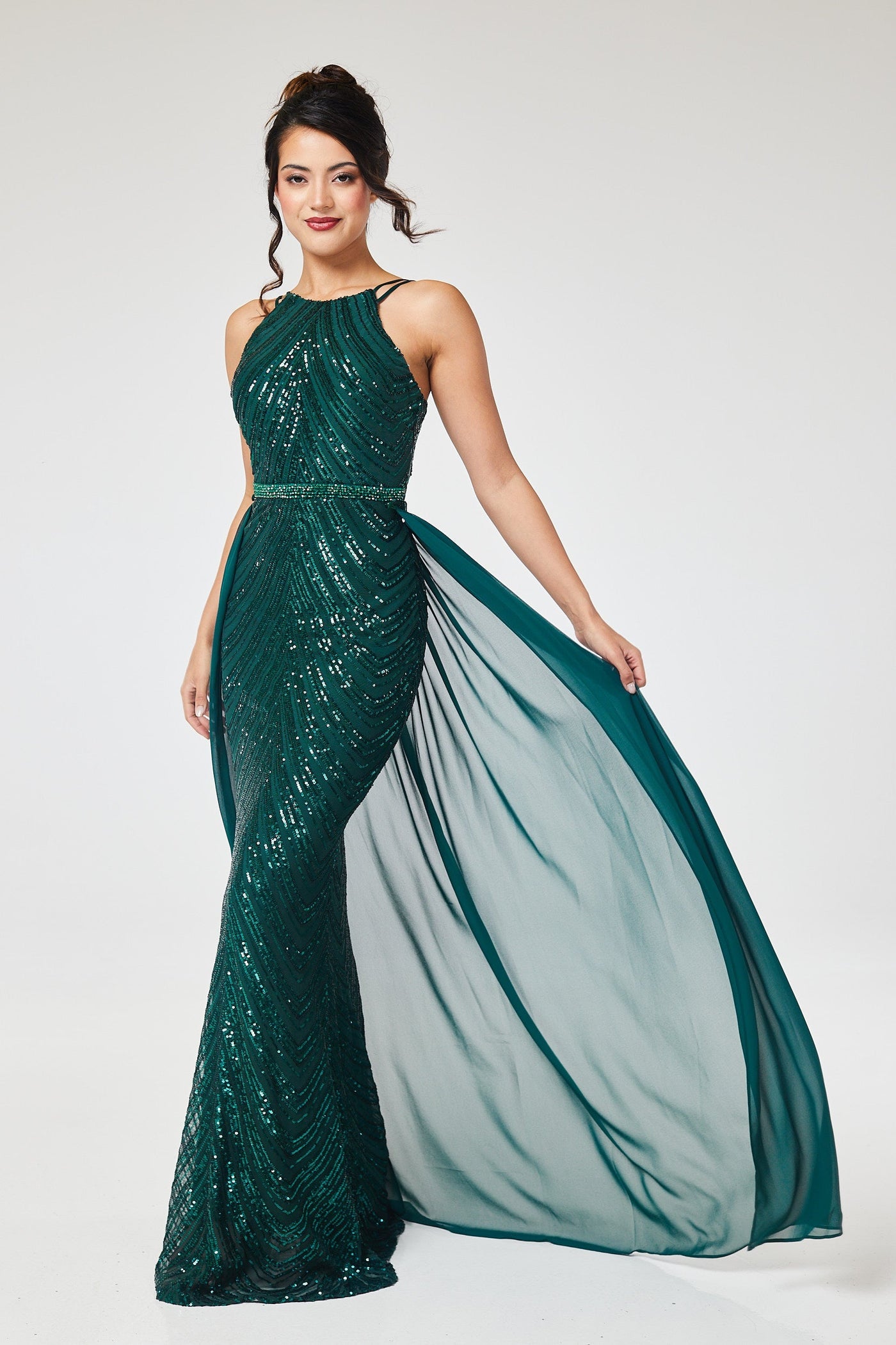 Green Halterneck Sequin Maxi Dress with Detachable Skirt