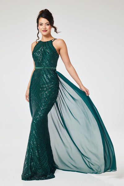 Green Halterneck Sequin Maxi Dress with Detachable Skirt
