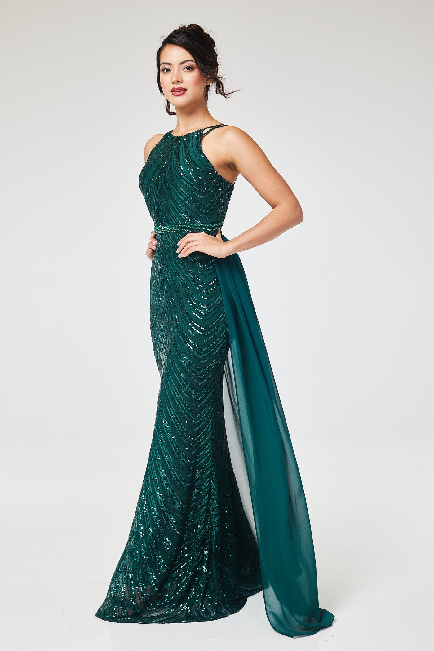 Green Halterneck Sequin Maxi Dress with Detachable Skirt