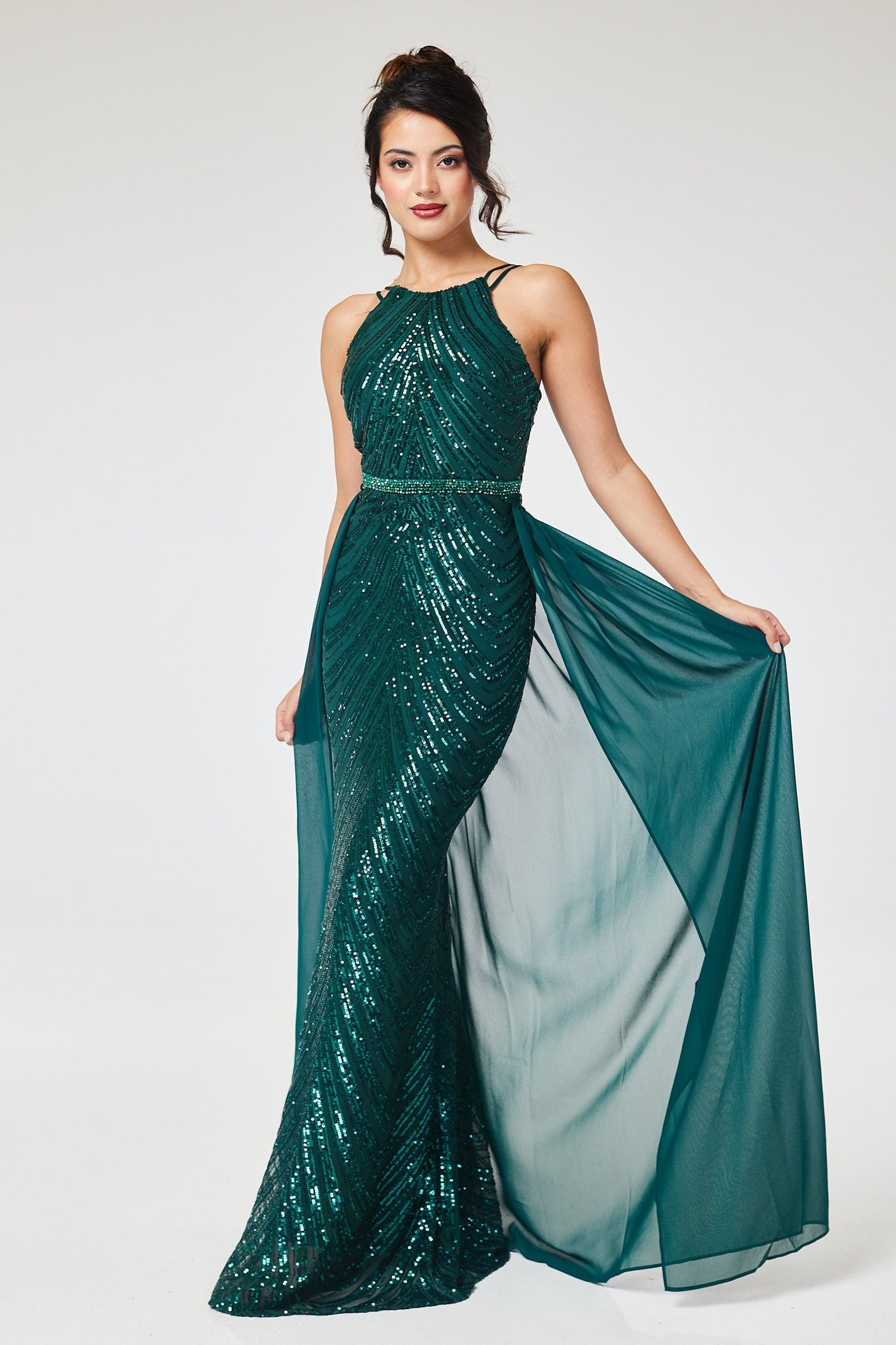 Green Halterneck Sequin Maxi Dress with Detachable Skirt