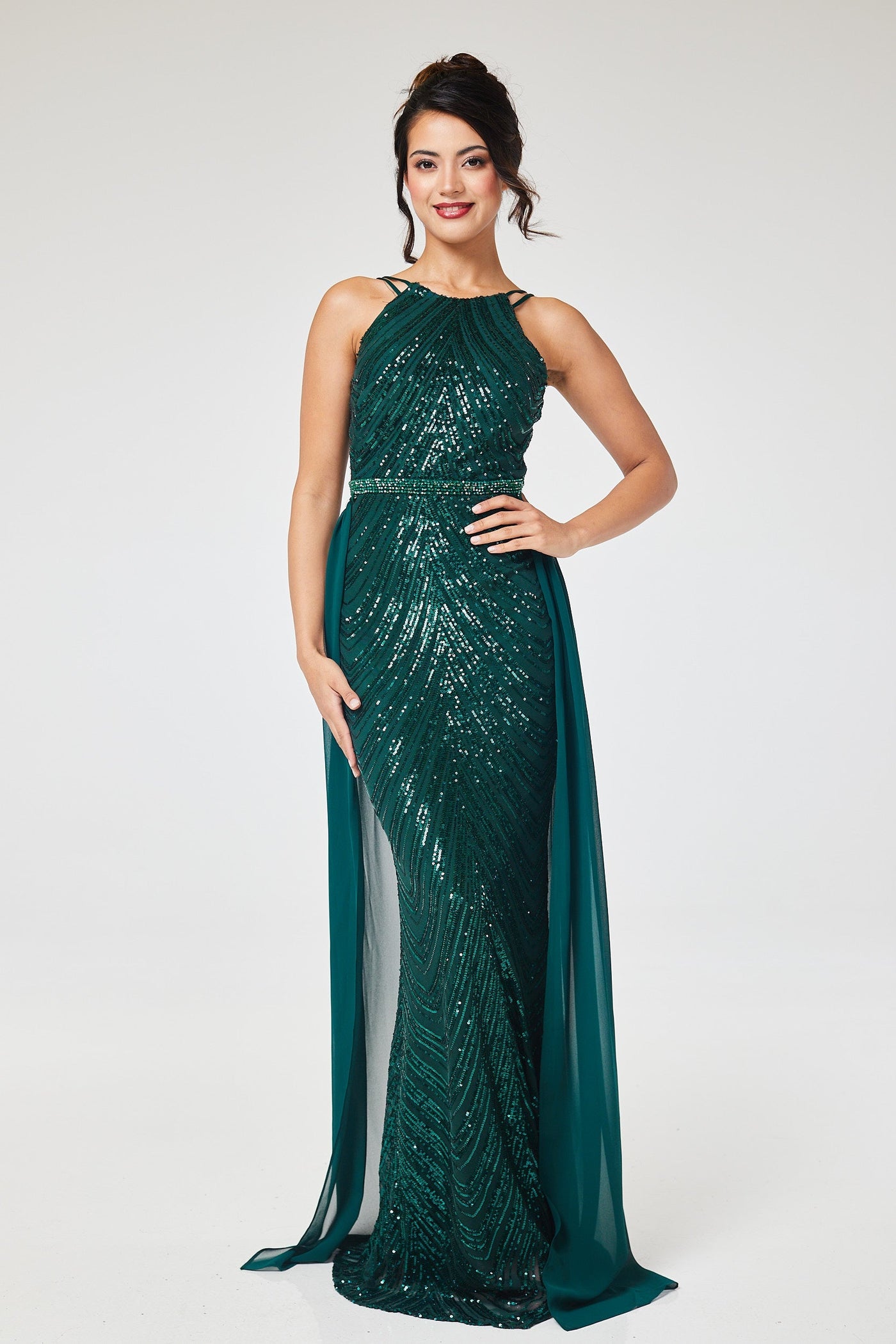 Green Halterneck Sequin Maxi Dress with Detachable Skirt