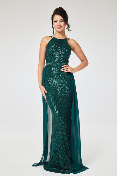 Green Halterneck Sequin Maxi Dress with Detachable Skirt