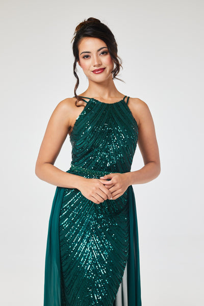 Green Halterneck Sequin Maxi Dress with Detachable Skirt