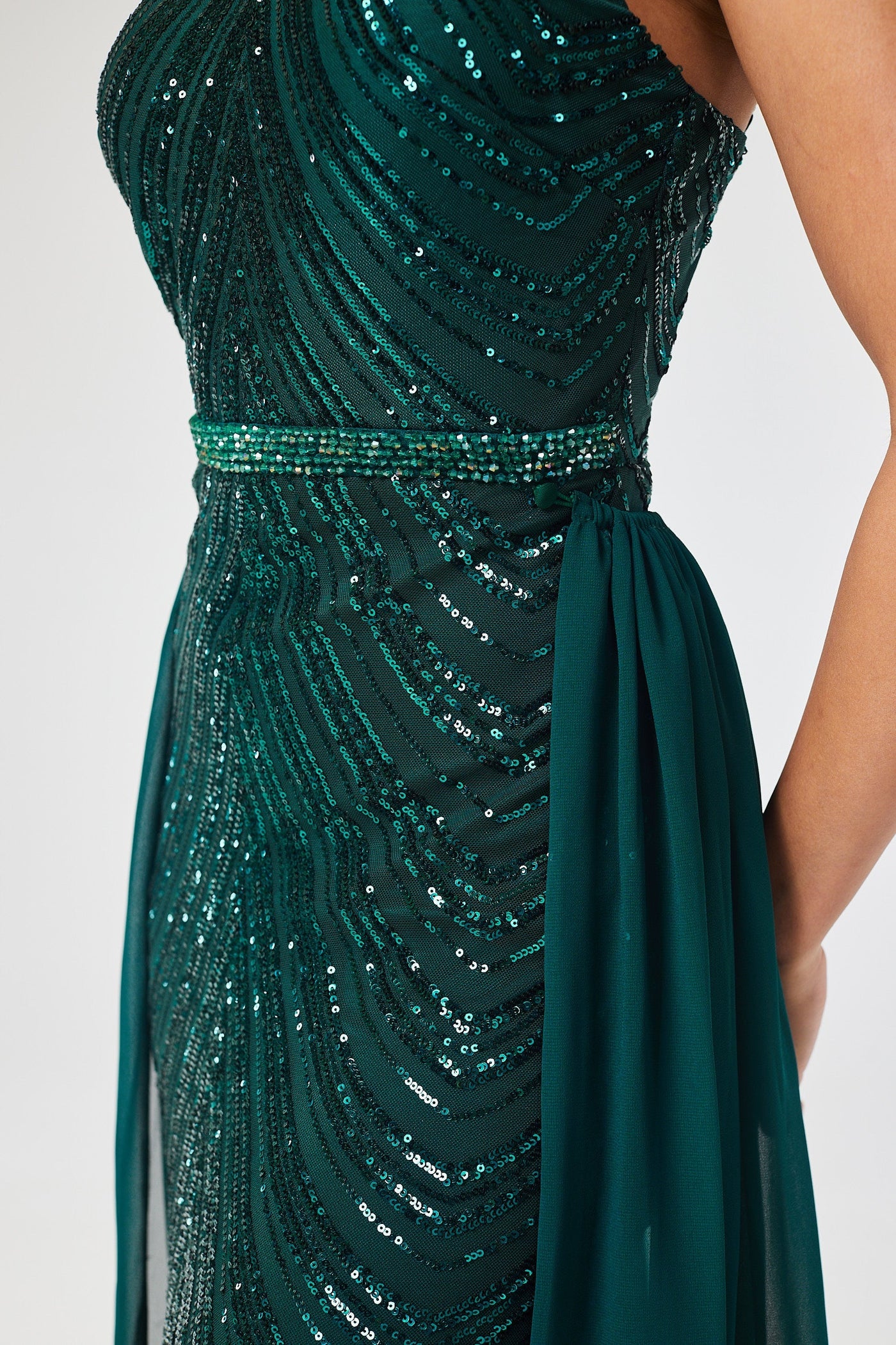 Green Halterneck Sequin Maxi Dress with Detachable Skirt