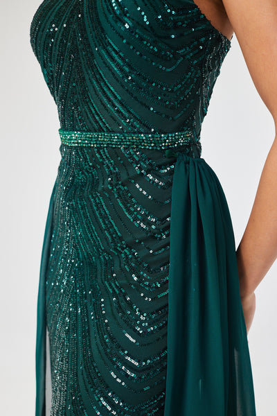 Green Halterneck Sequin Maxi Dress with Detachable Skirt