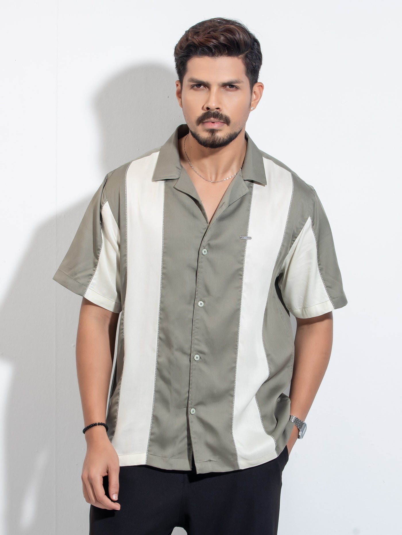 Olive off white thread design Tencel Linen havana shirt