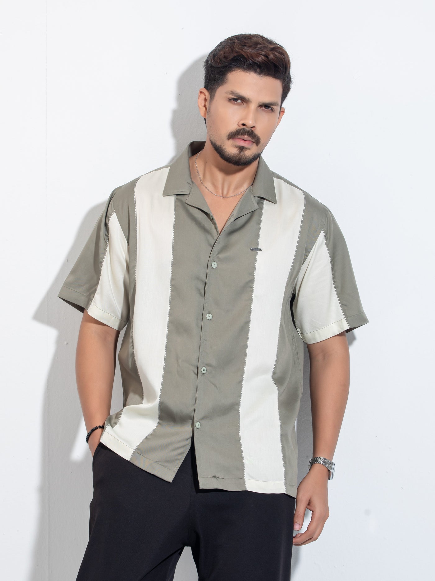 Olive off white thread design Tencel Linen havana shirt