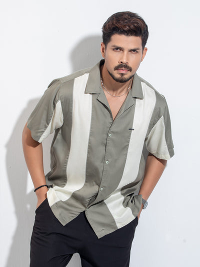 Olive off white thread design Tencel Linen havana shirt