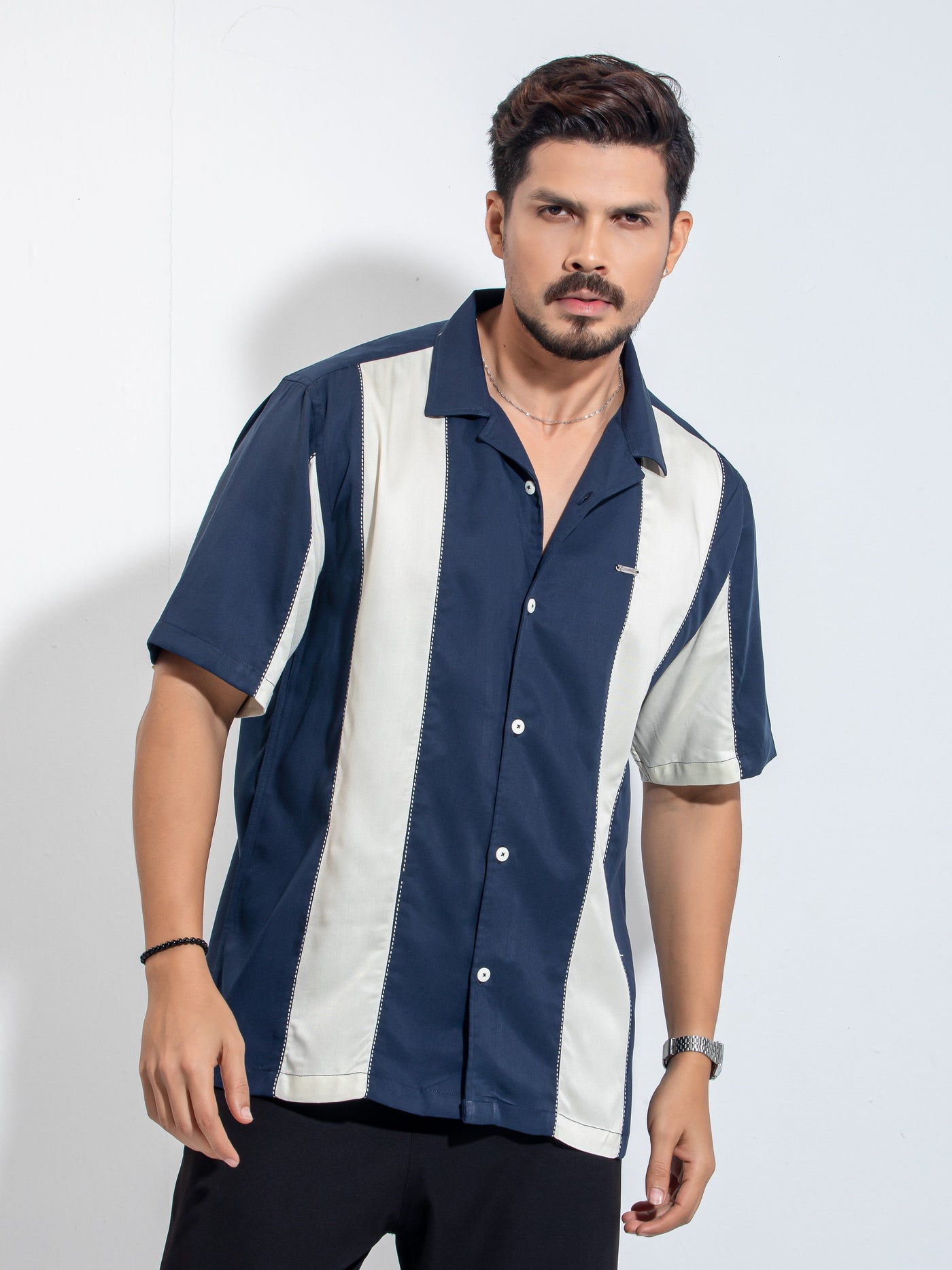 Navy Blue white thread design Tencel Linen havana shirt