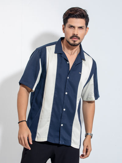 Navy Blue white thread design Tencel Linen havana shirt