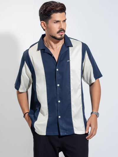 Navy Blue white thread design Tencel Linen havana shirt