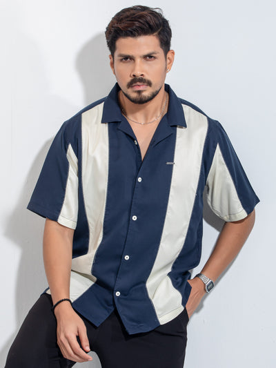 Navy Blue white thread design Tencel Linen havana shirt