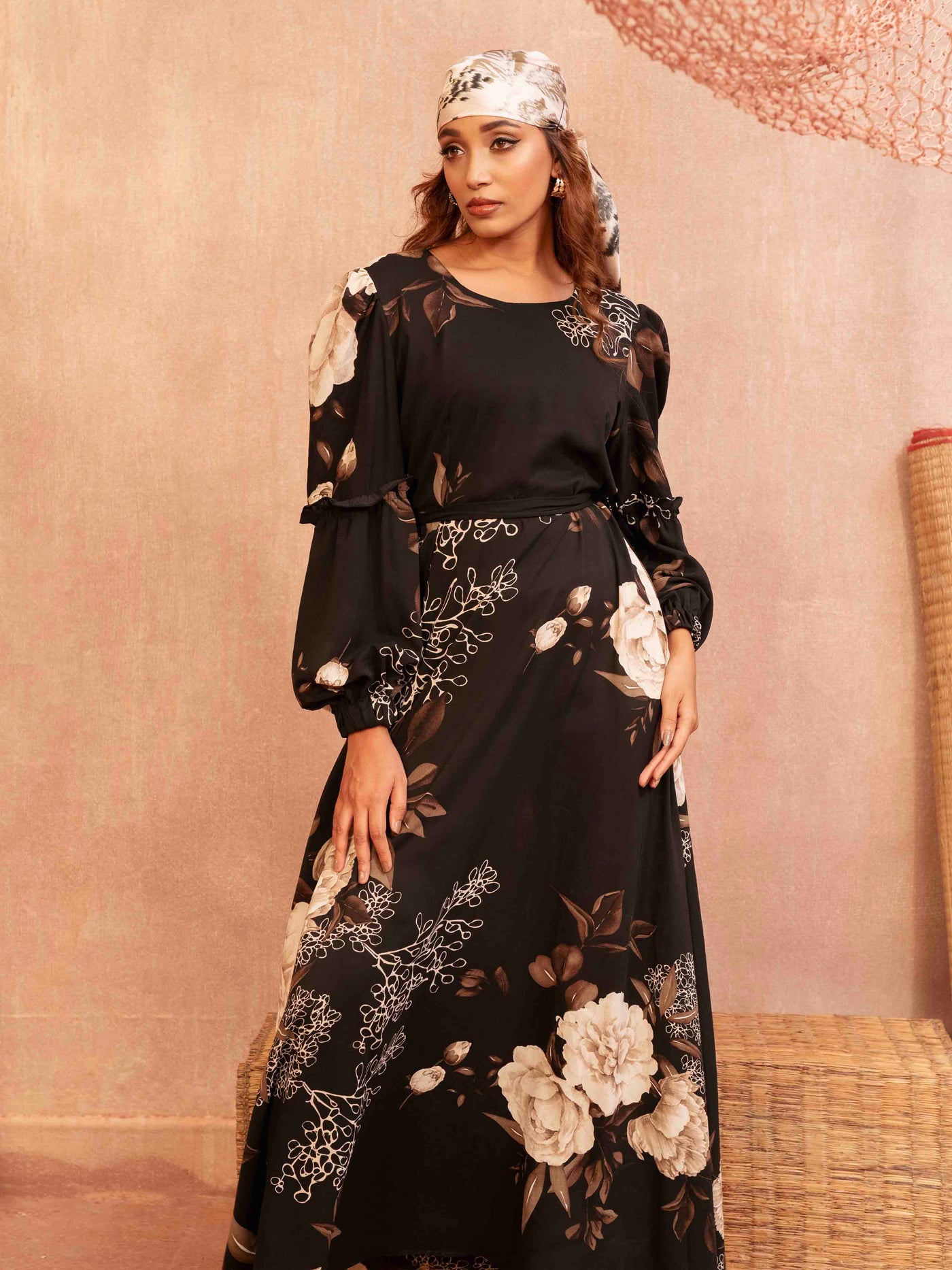 Black Coffee cream printed Female Long Gown